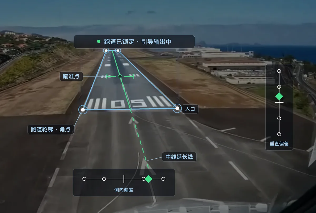 示意：进近中识别跑道轮廓与四个角点，对准中线和瞄准点，并输出侧向与垂直偏差