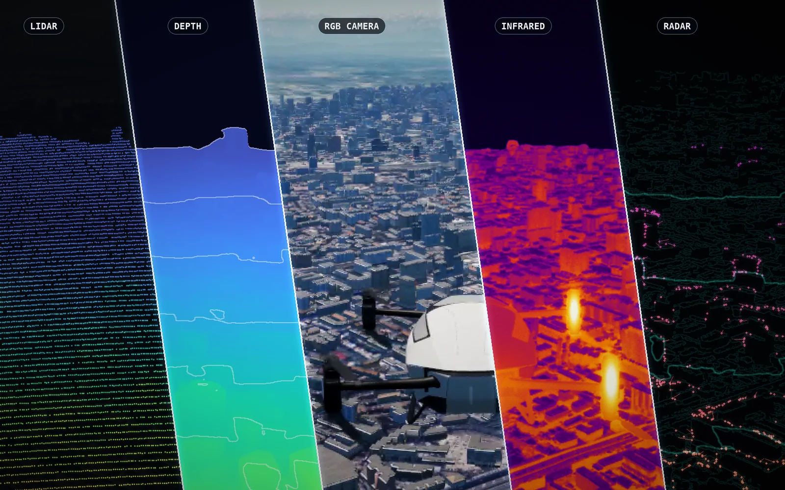Simulation: one frame seen through LiDAR, depth camera, RGB camera, infrared and radar